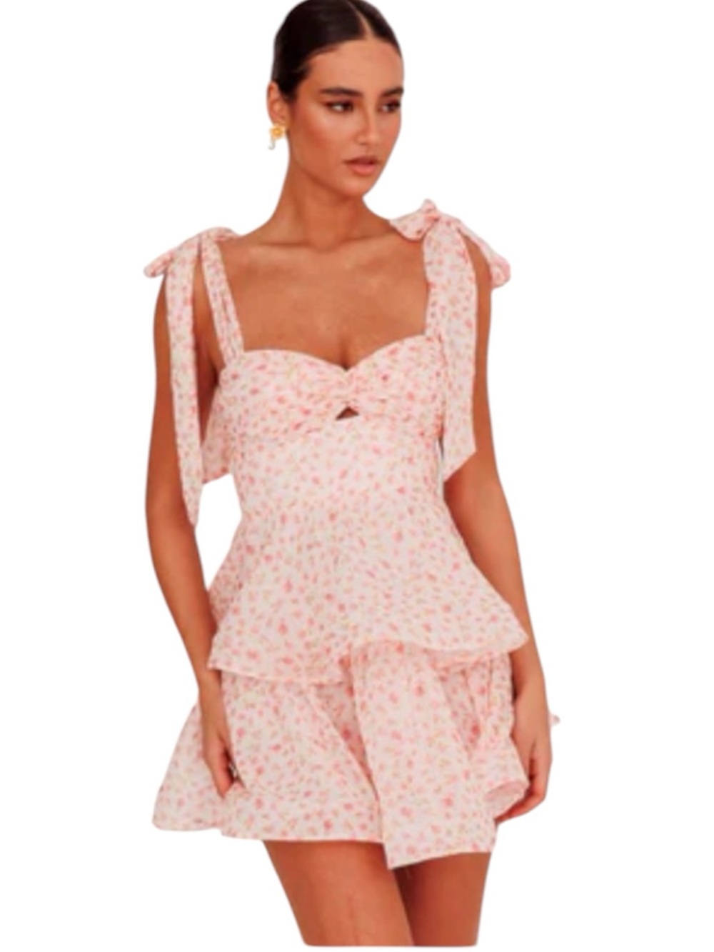 🌸 BILLY J Tie-Shoulder Pink Floral Mini Dress Woman 6 or Small